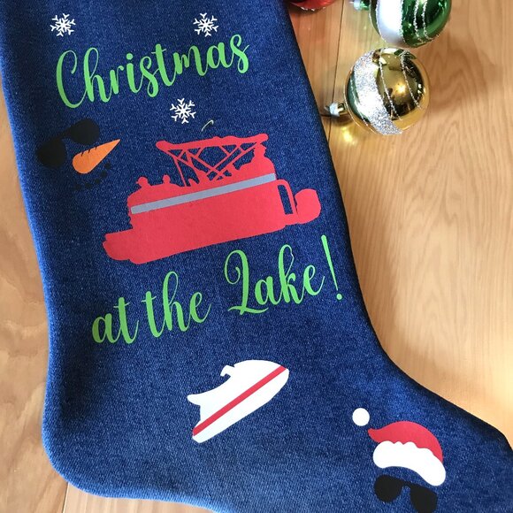 Denim Christmas Stocking: Lake House Christmas Decor, Pontoon Boating Fishing - Picture 7 of 8
